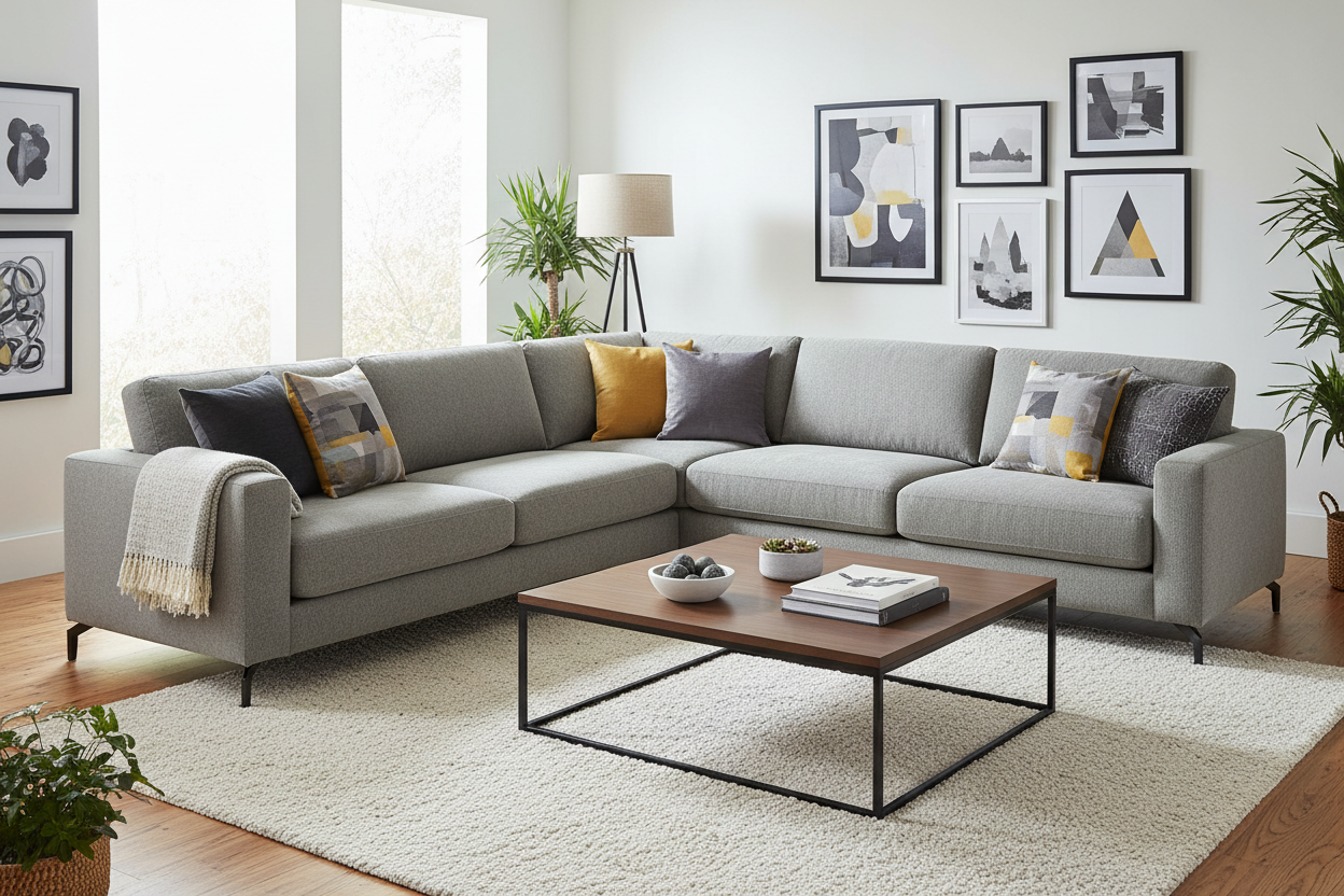 make a l type sofa image with grey and yellow cushion in drawing room